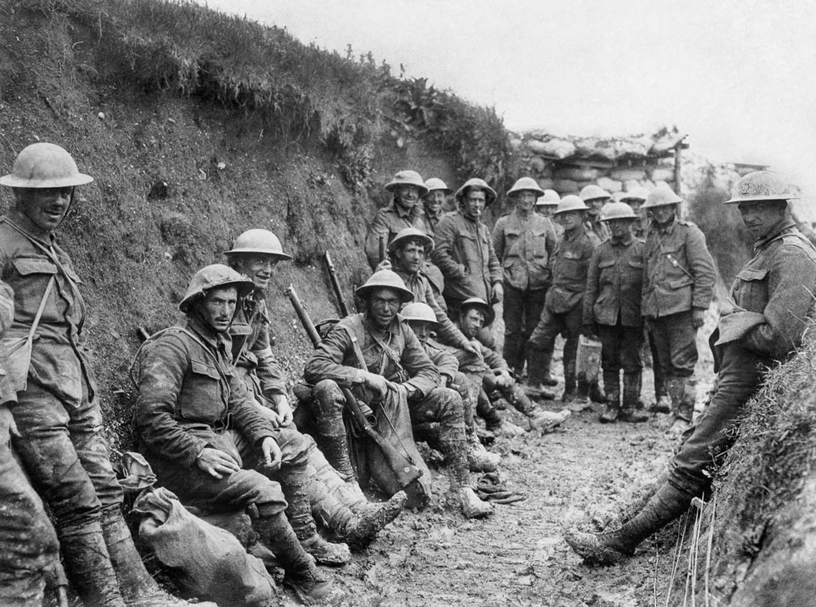 Men of the Royal Irish Rifles rest during the opening hours of the Battle of the Somme. July 1, 1916.