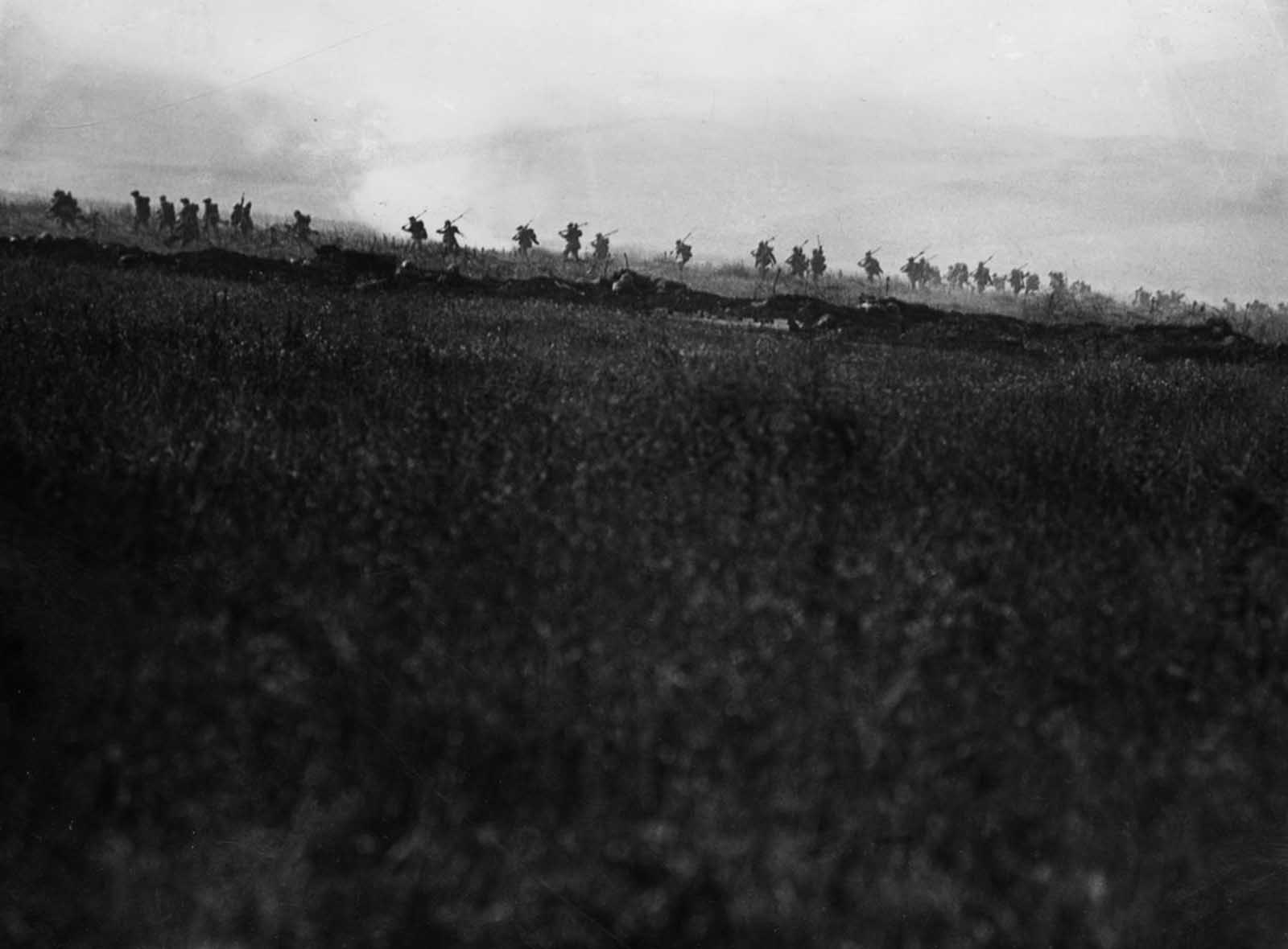British 34th Division troops advance on the first day of the battle.