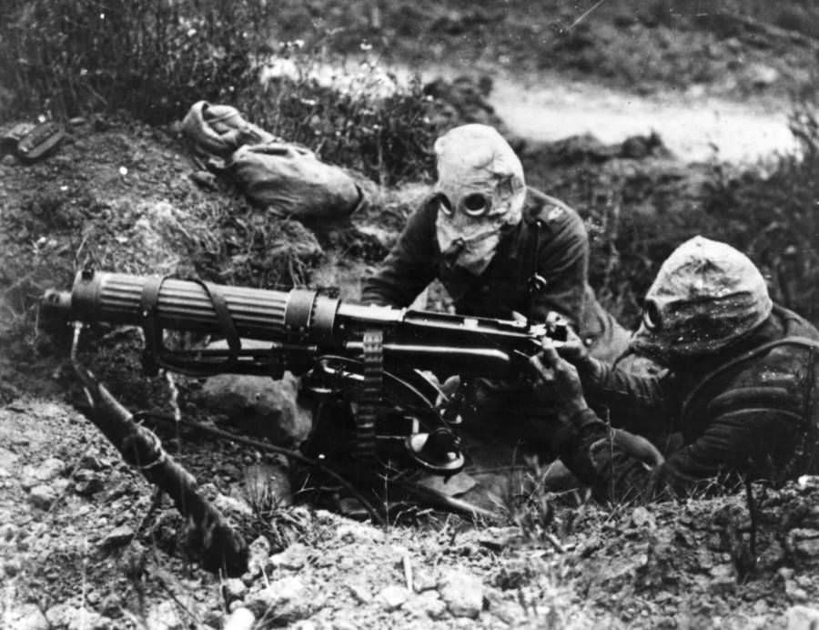 Gas-masked men of the British Machine Gun Corps