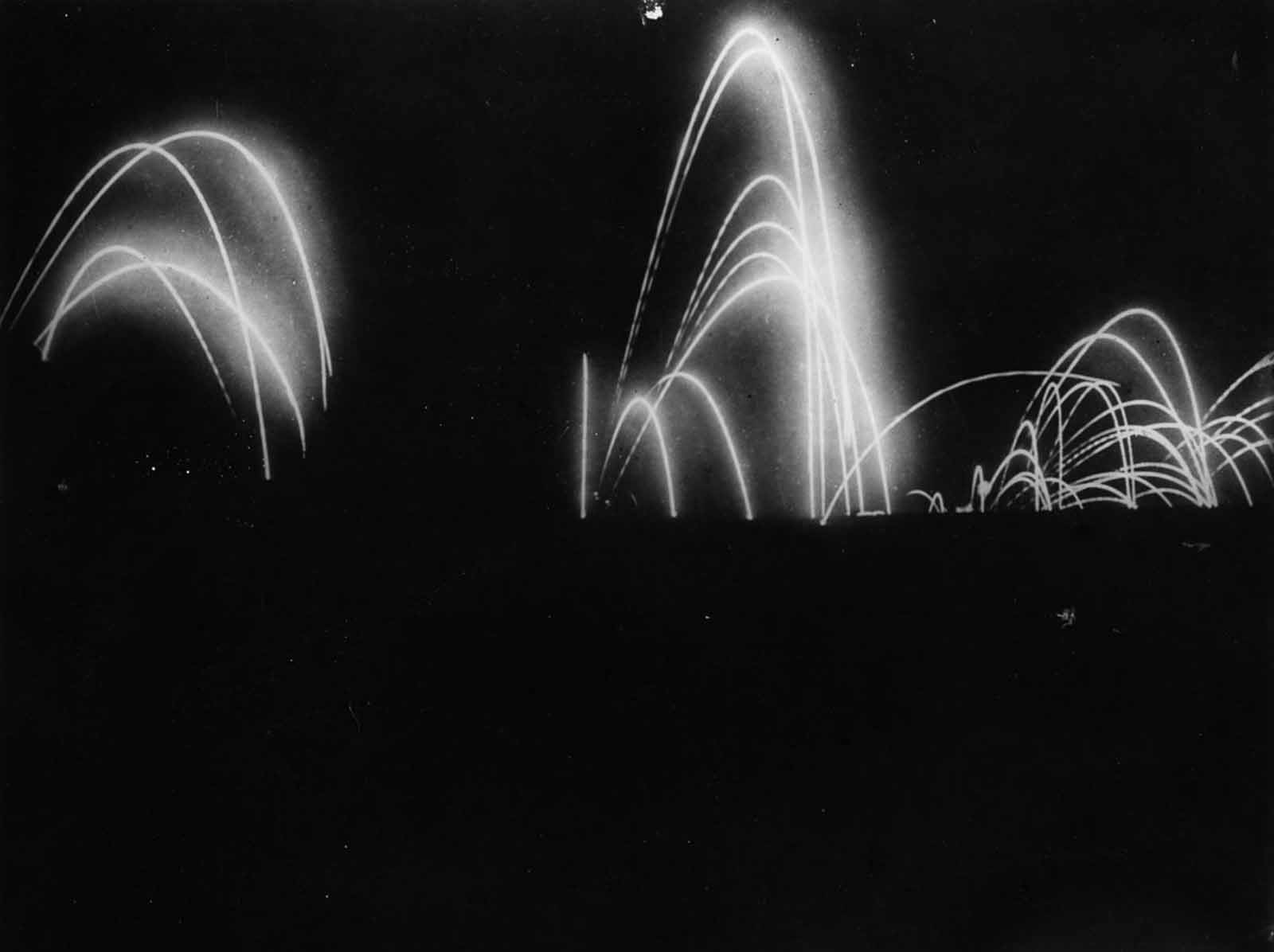 Artillery barrages light up the sky during the attack on Beaumont Hamel. July 2, 1916.