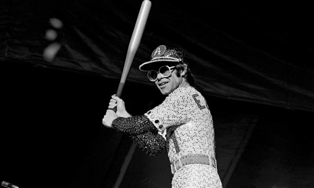 Elton wearing Dodgers uniform, with ‘Elton’ emblazoned on the back. He wore it for a concert at the Dodger Stadium in 1975.