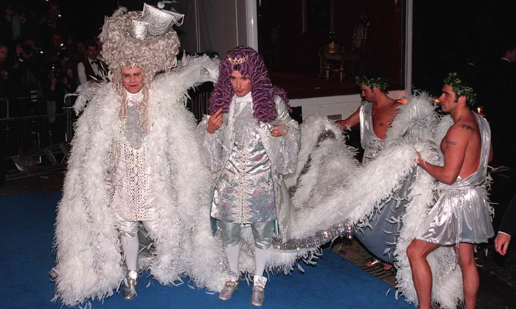 Dressed as King Louis XIV for his 50th birthday party at the Hammersmith Palais in 1997.