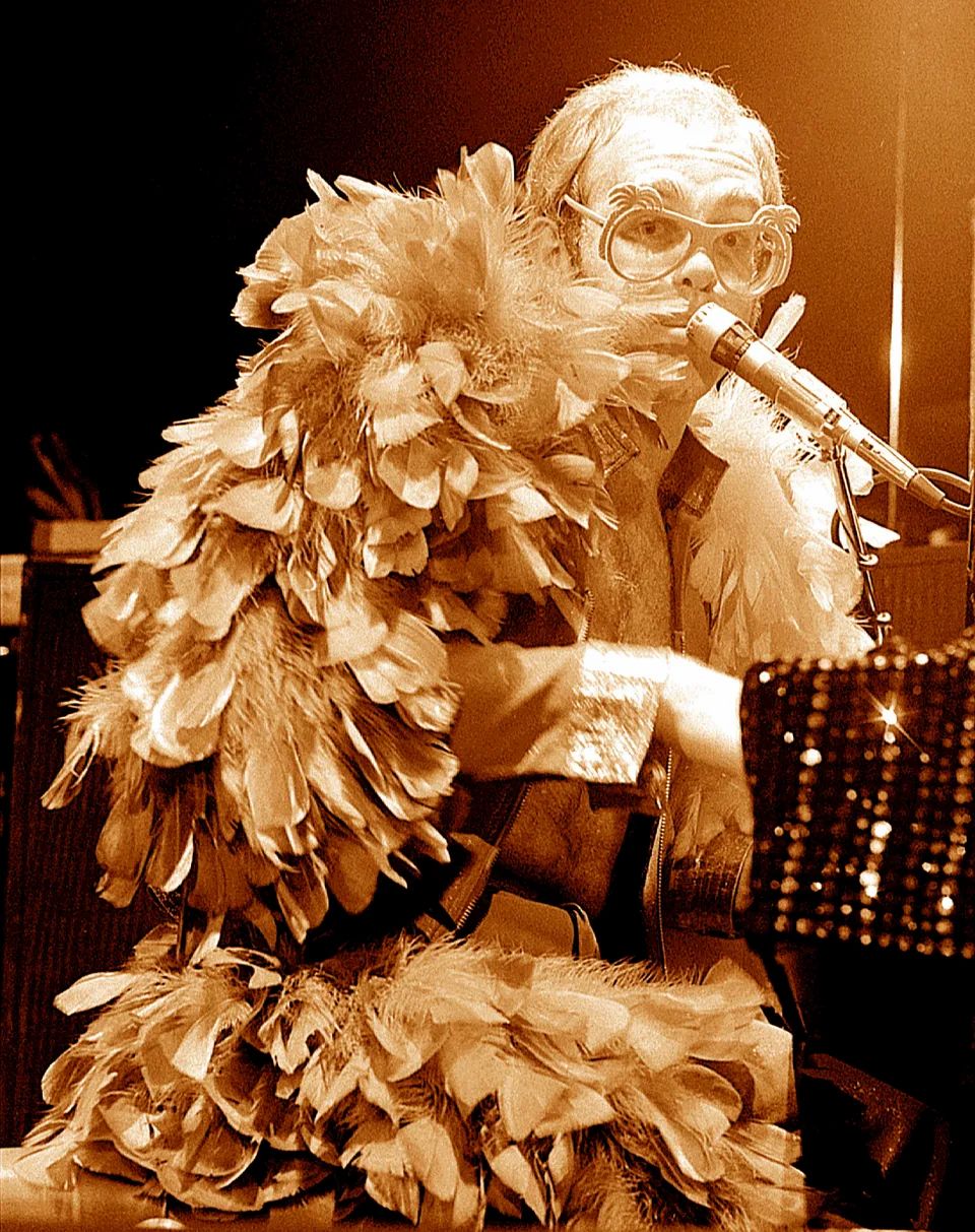 Elton John in full feather with palm tree glasses, 1974