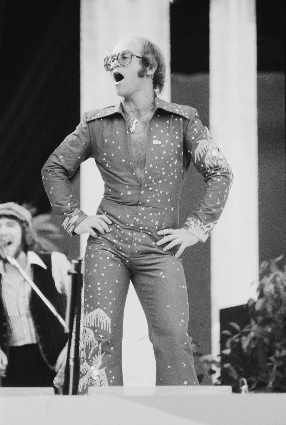 Elton John performs at the Midsummer Music one-day festival at Wembley Stadium in London, June 1975
