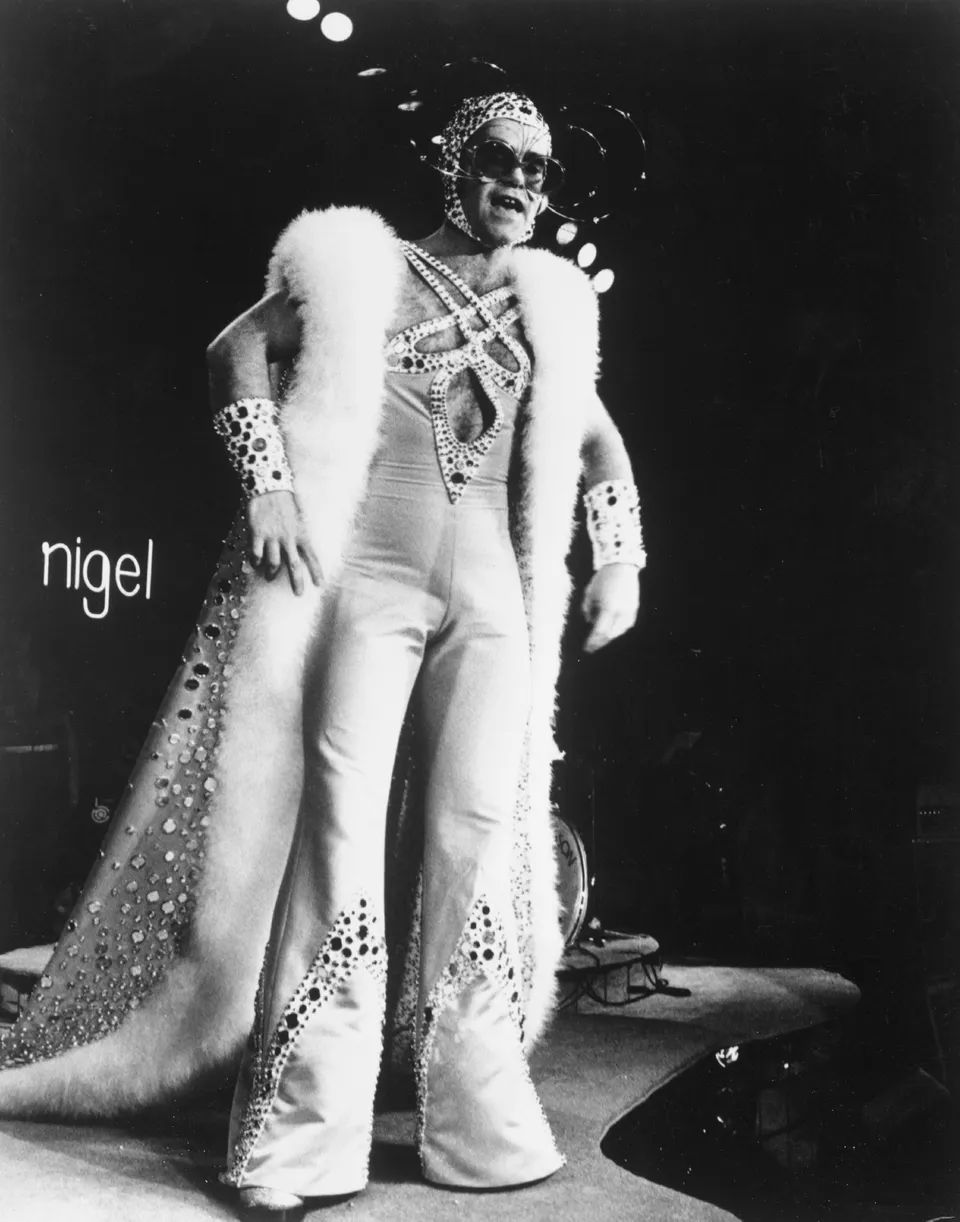 Elton John performs at the Midsummer Music one-day festival at Wembley Stadium in London, June 1975