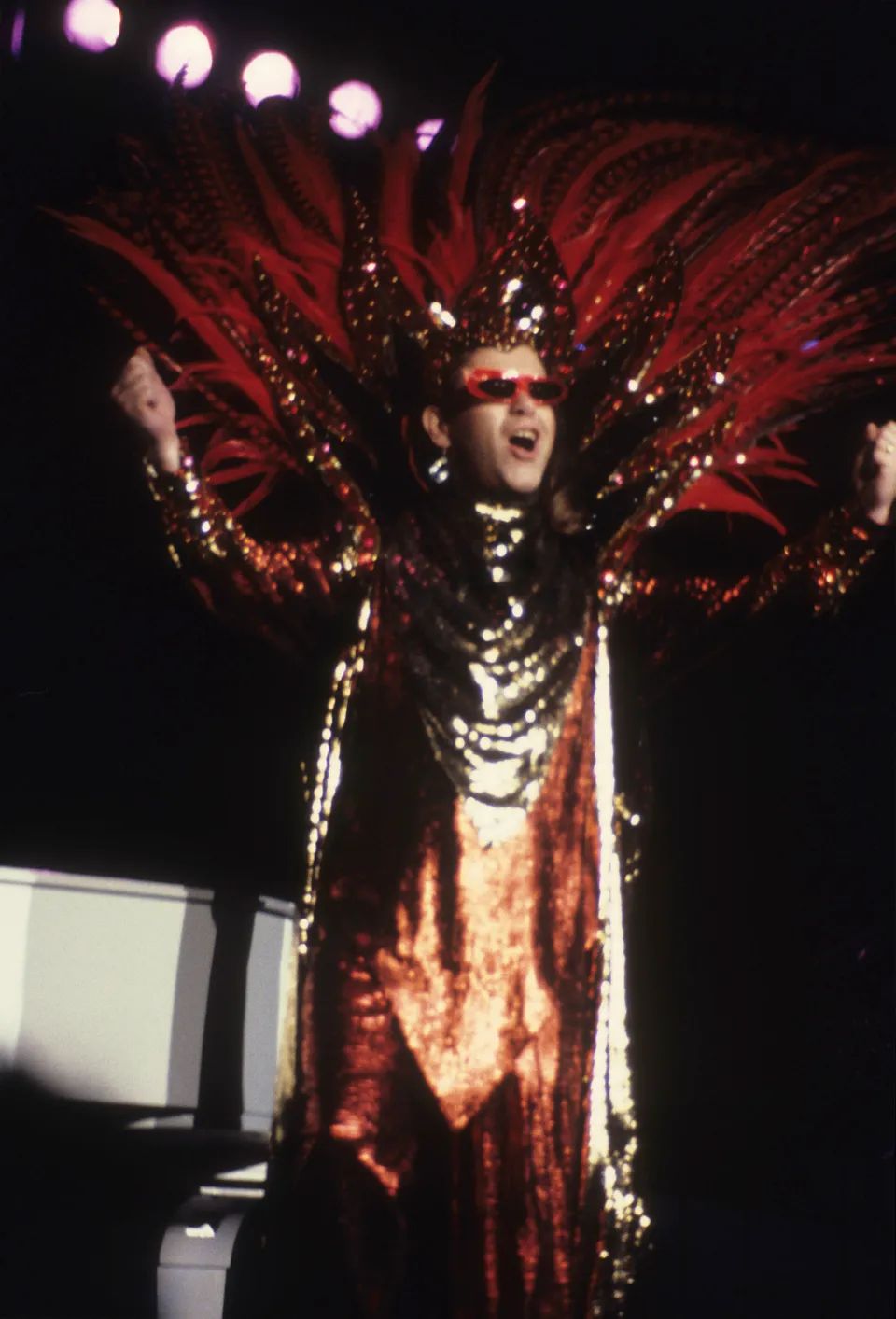 A swashbuckling Elton John in concert circa 1982