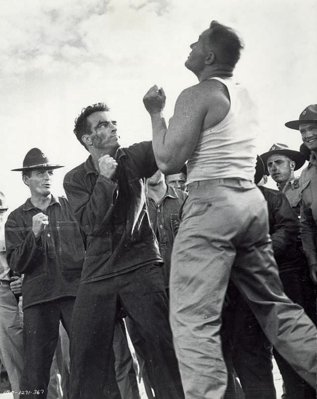Montgomery Clift during a fight scene in the film 'From Here to Eternity,' 1953.