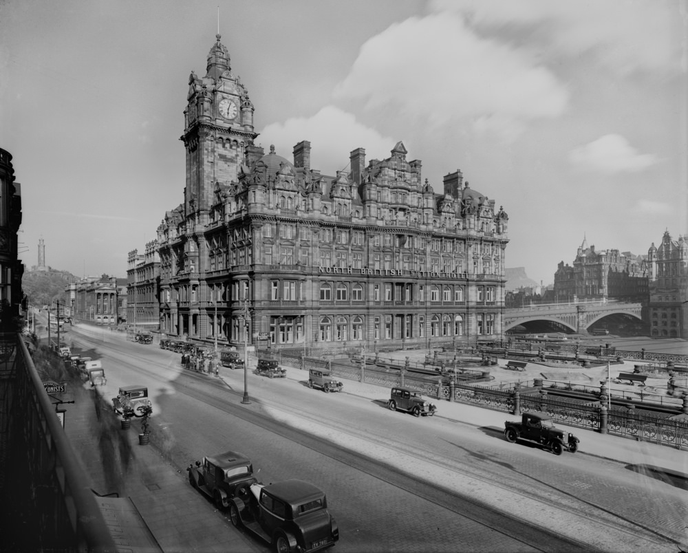 Princes Street showing the North British Station Hotel, Waverley Gardens and North Bridge, Edinburgh, 1930s
