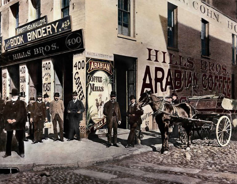 Hills Bros. Arabian Coffee & Spice Mills at the corner of Sansome and Sacramento Streets, circa 1880