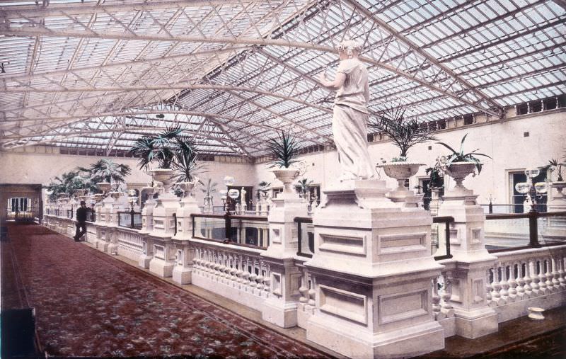 Upper corridor of Palace Hotel, circa 1880