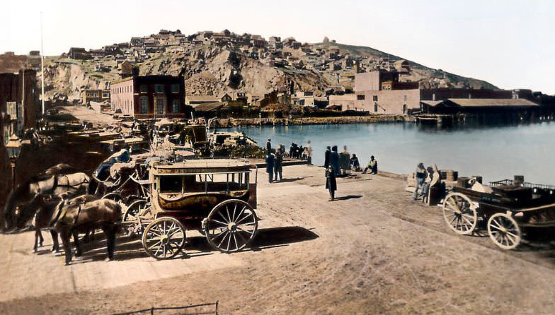 Vallejo Street Wharf, viewing towards Telegraph Hill, 1866