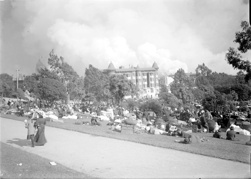 Fire scene from Jefferson Square Park with refugees, April 1906