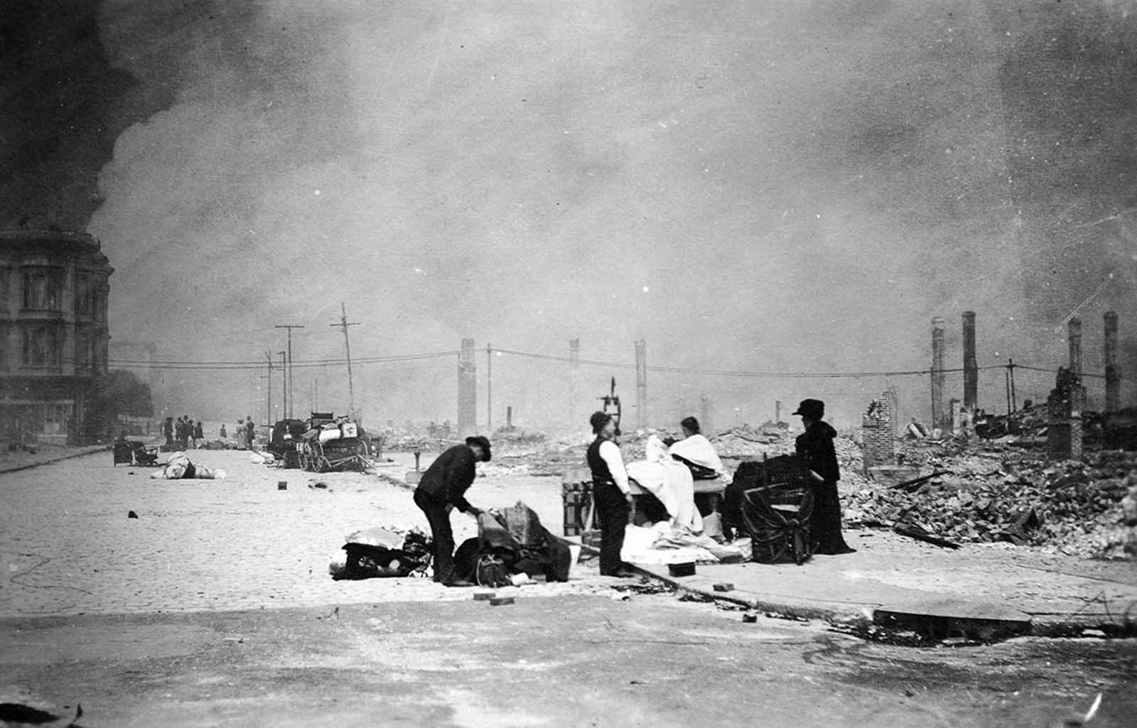 The view northeast from City Hall showing massive damage to San Francisco.