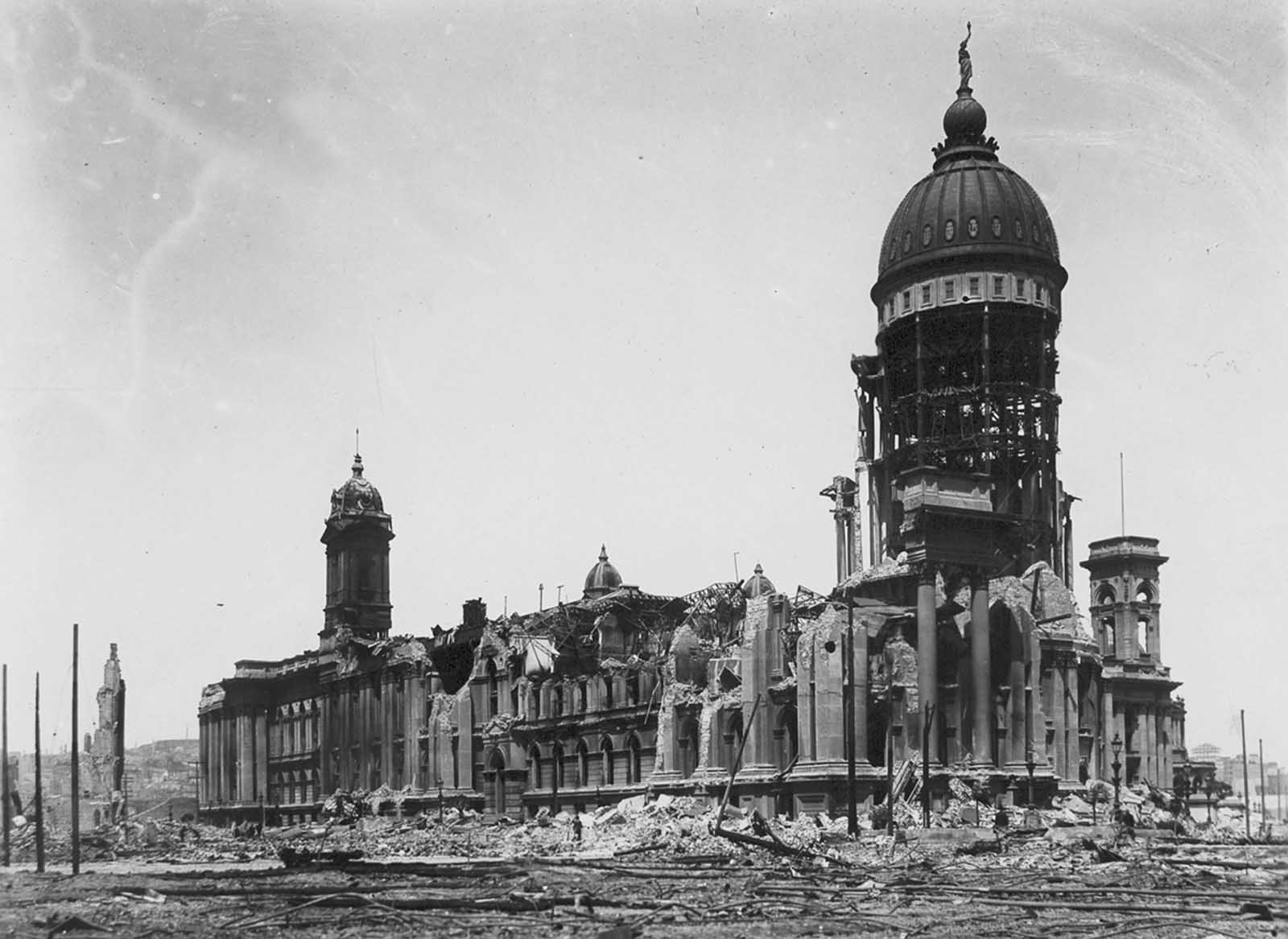 The toppled statue of Jean Louis Rodolphe Agassiz, scientist and scholar, knocked from the facade of Stanford University’s zoology building in April of 1906.