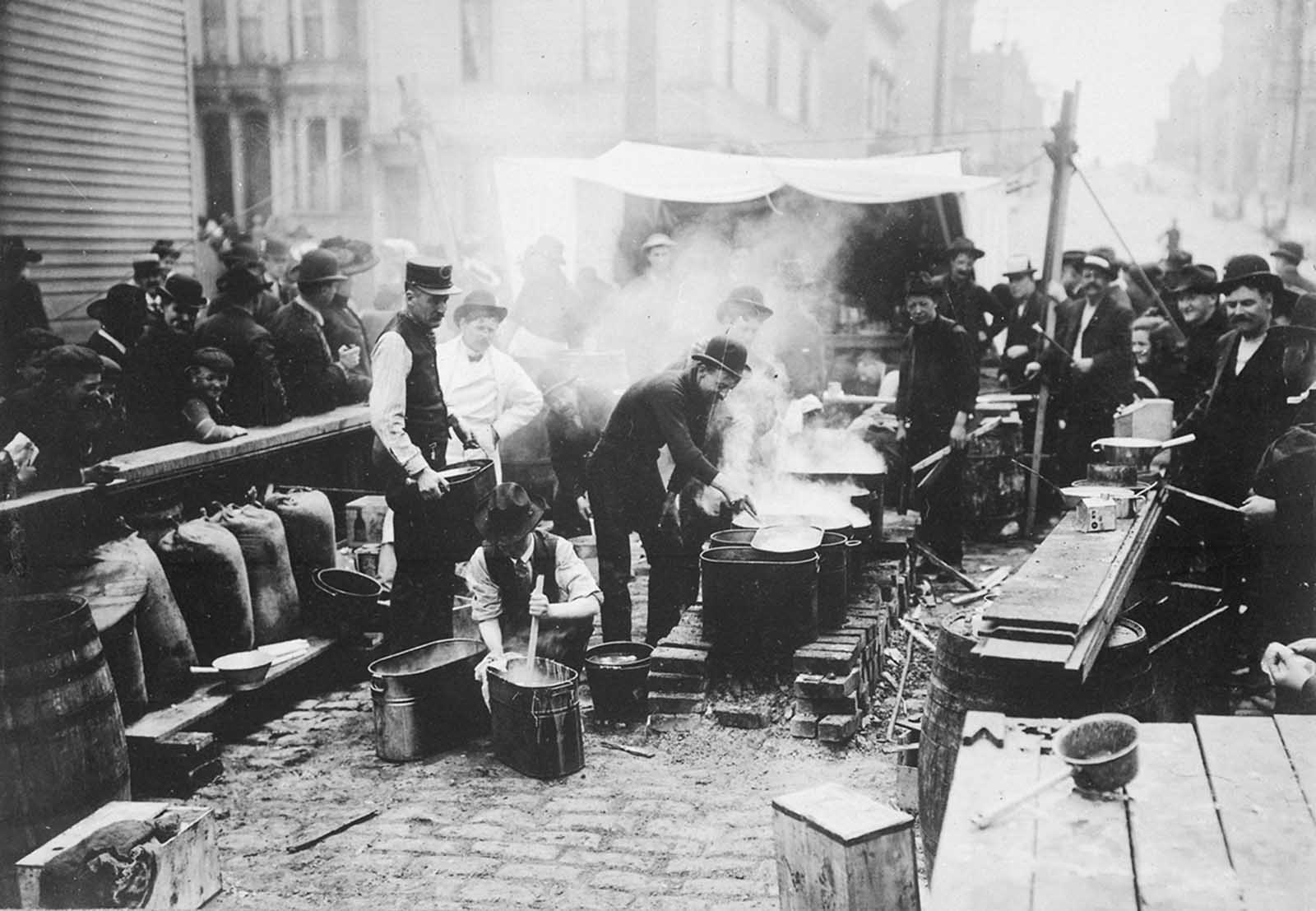 Preparing hot food for refugees.