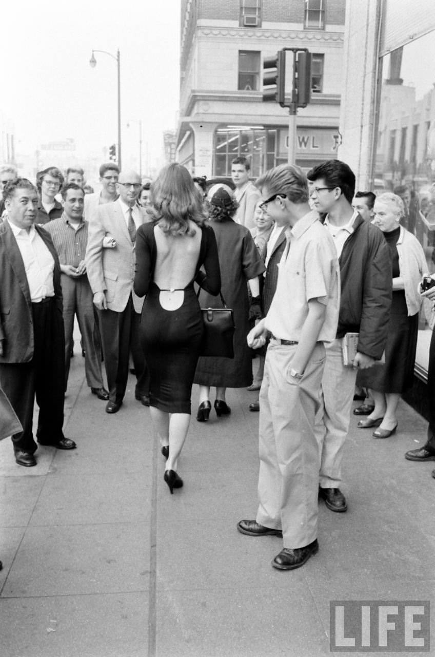 Vikki Dougan In Backless Dress on the Streets of Hollywood, Los Angeles in 1957