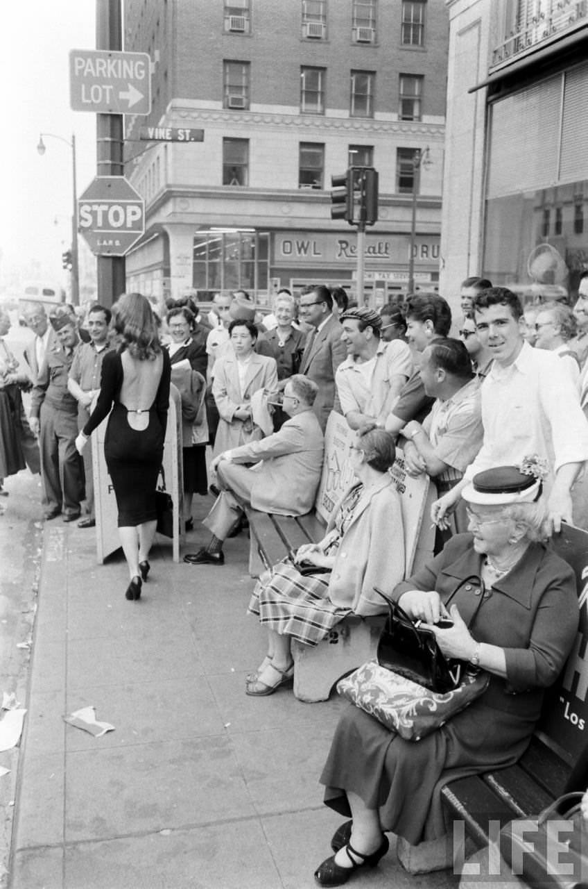 Vikki Dougan In Backless Dress on the Streets of Hollywood, Los Angeles in 1957