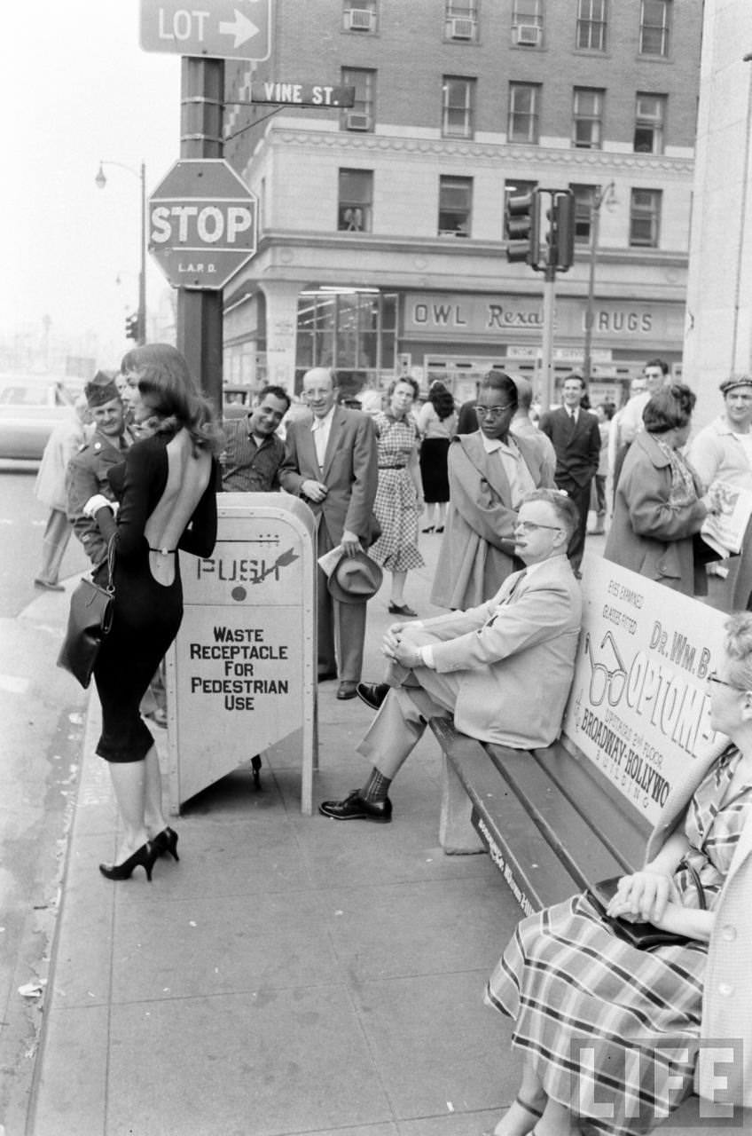 Vikki Dougan In Backless Dress on the Streets of Hollywood, Los Angeles in 1957