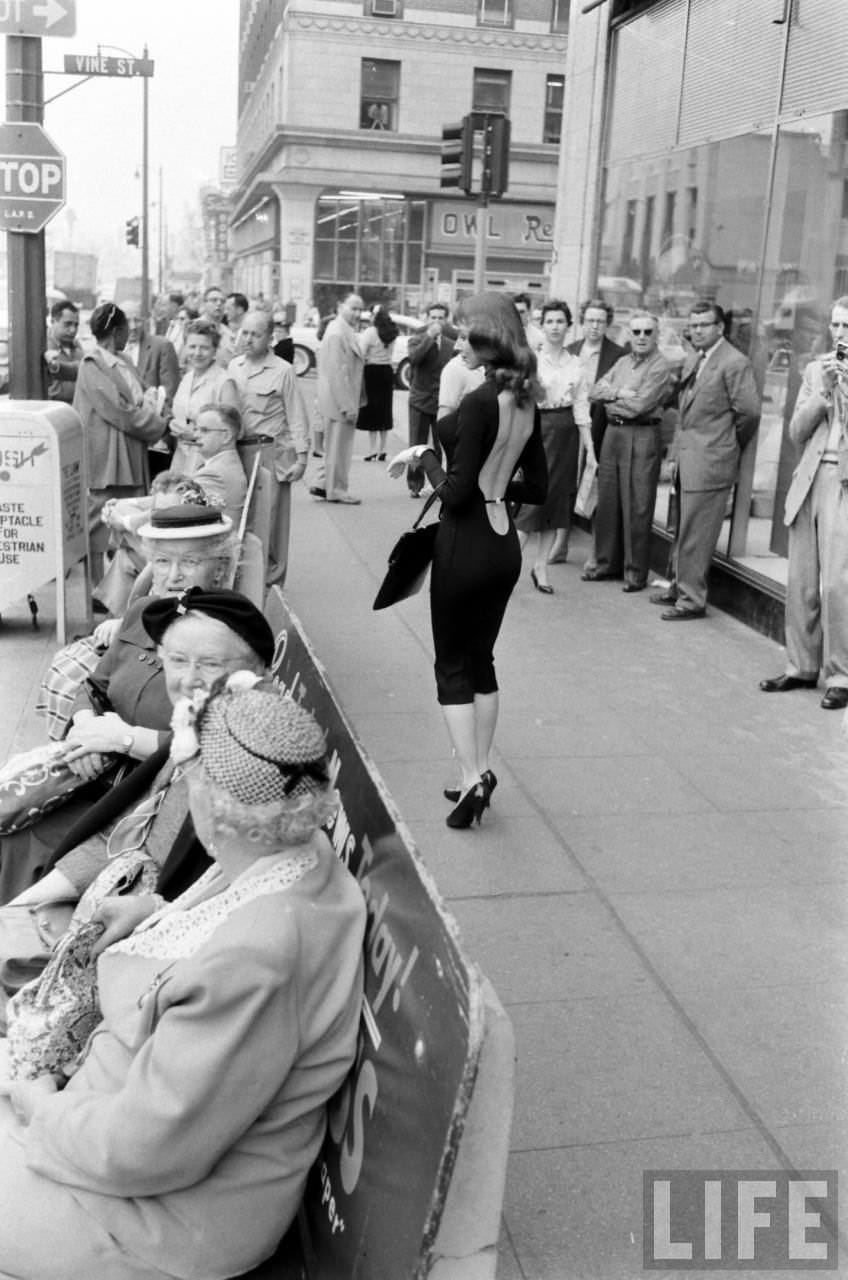 Vikki Dougan In Backless Dress on the Streets of Hollywood, Los Angeles in 1957