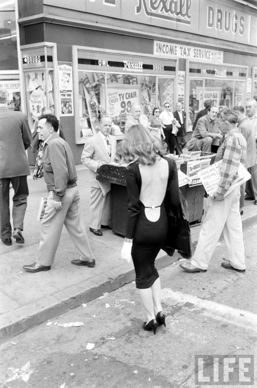 Vikki Dougan In Backless Dress on the Streets of Hollywood, Los Angeles in 1957