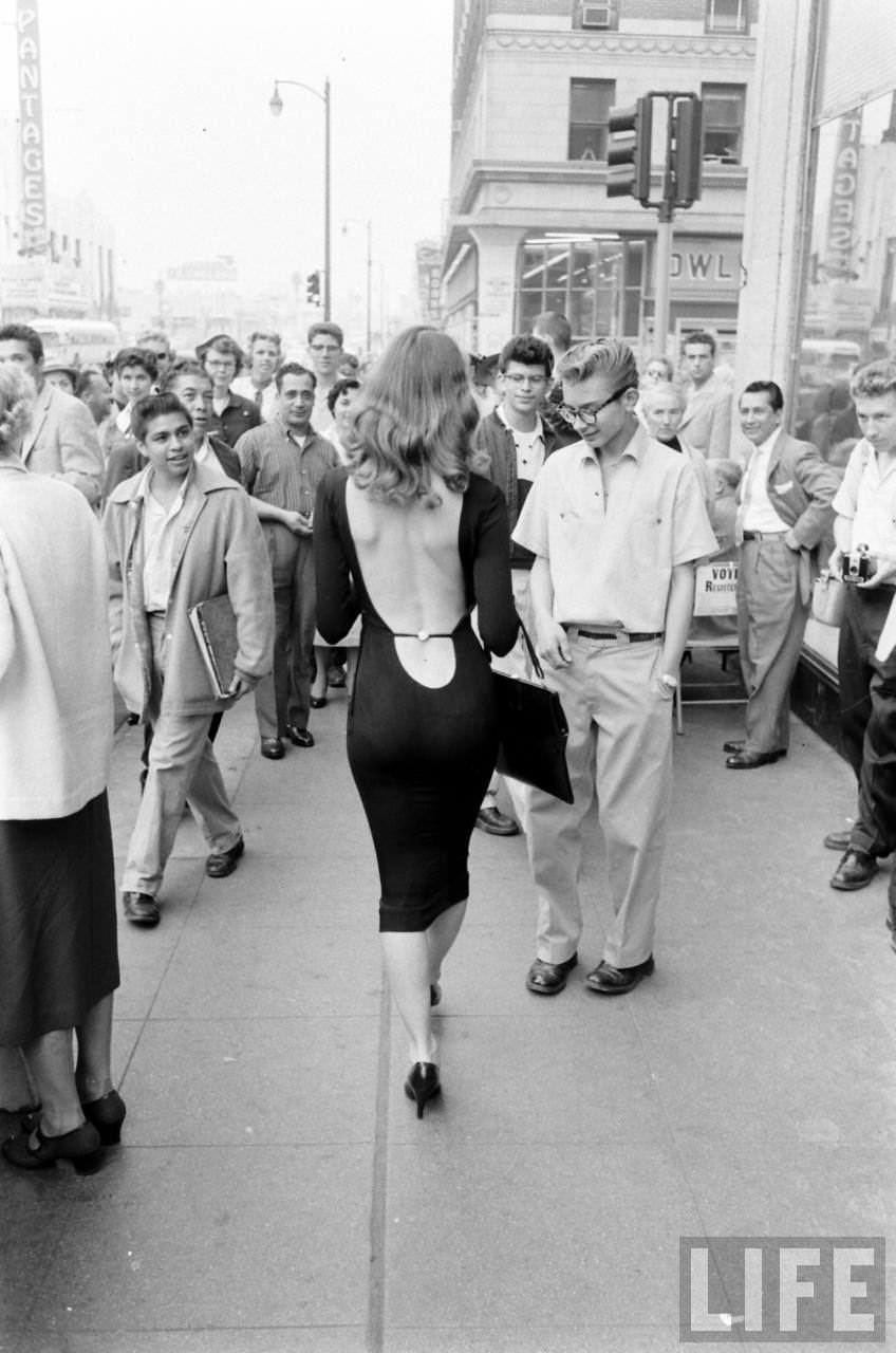 Vikki Dougan In Backless Dress on the Streets of Hollywood, Los Angeles in 1957