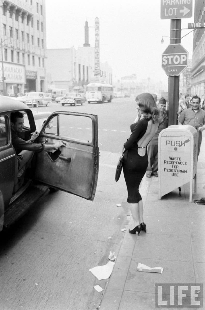 Vikki Dougan In Backless Dress on the Streets of Hollywood, Los Angeles in 1957