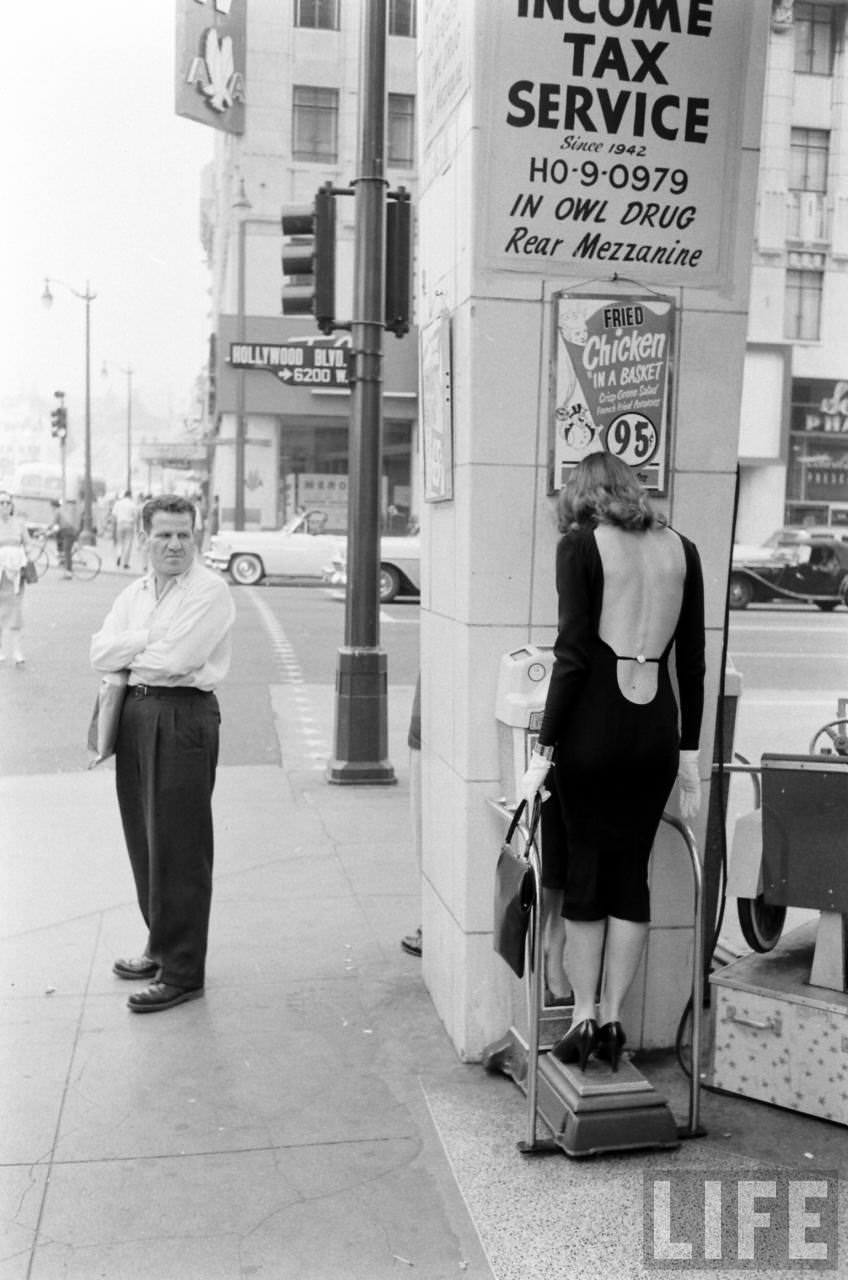 Vikki Dougan In Backless Dress on the Streets of Hollywood, Los Angeles in 1957