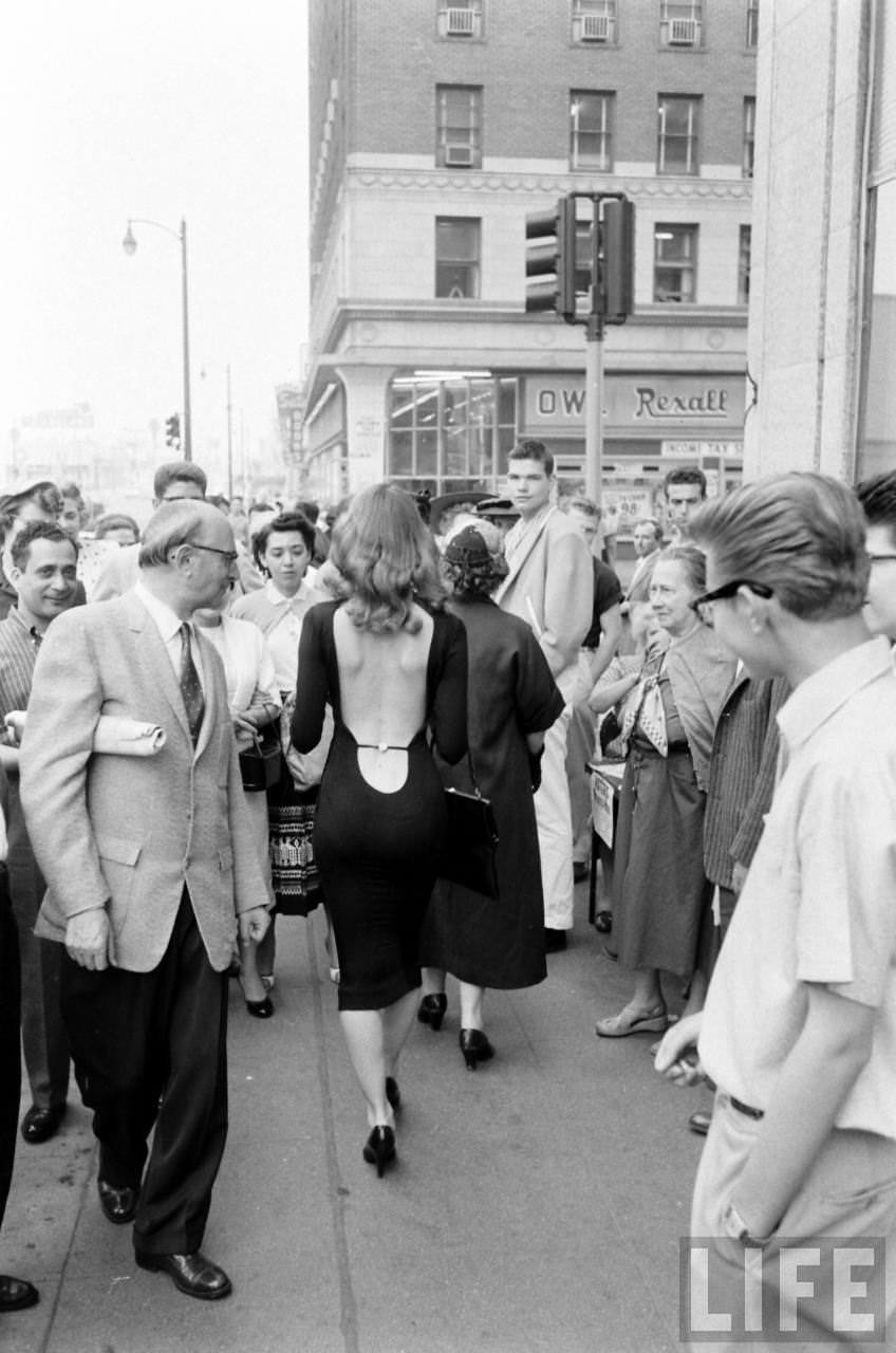 Vikki Dougan In Backless Dress on the Streets of Hollywood, Los Angeles in 1957