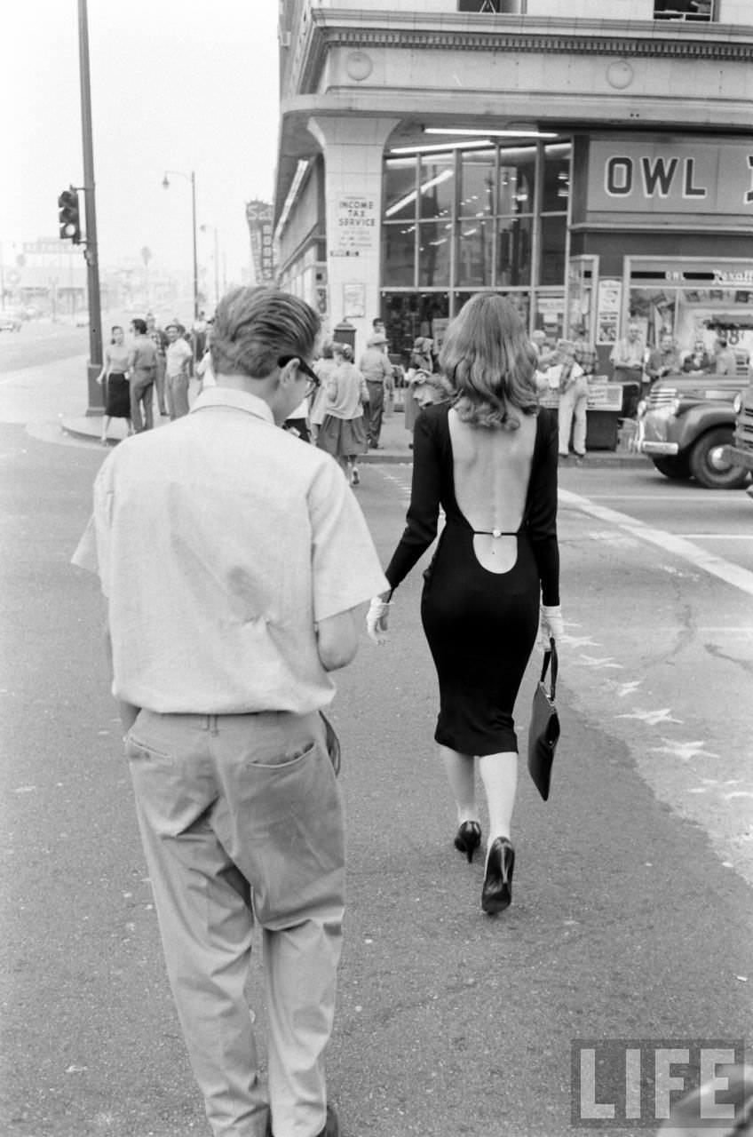 Vikki Dougan In Backless Dress on the Streets of Hollywood, Los Angeles in 1957