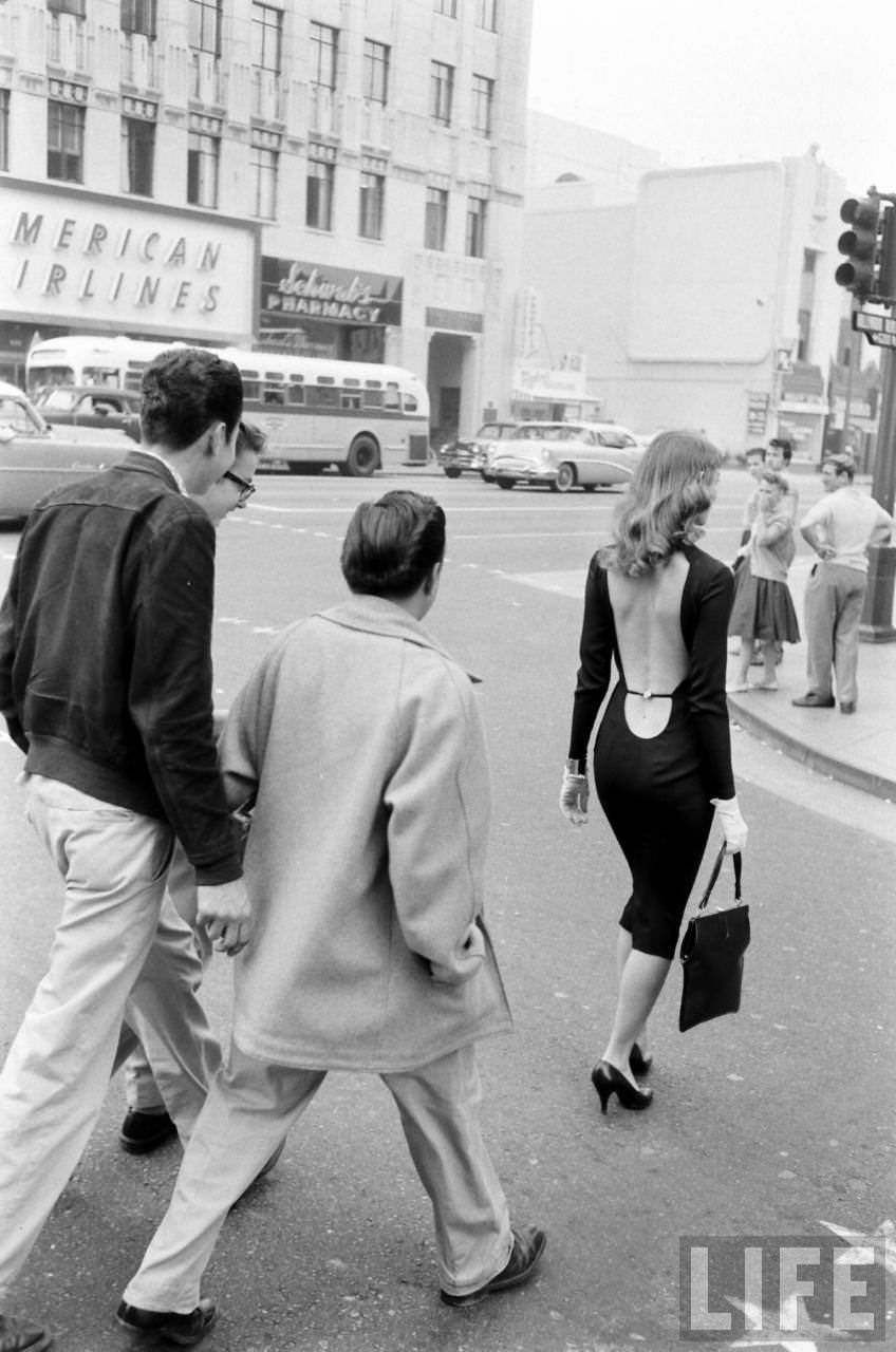 Vikki Dougan In Backless Dress on the Streets of Hollywood, Los Angeles in 1957