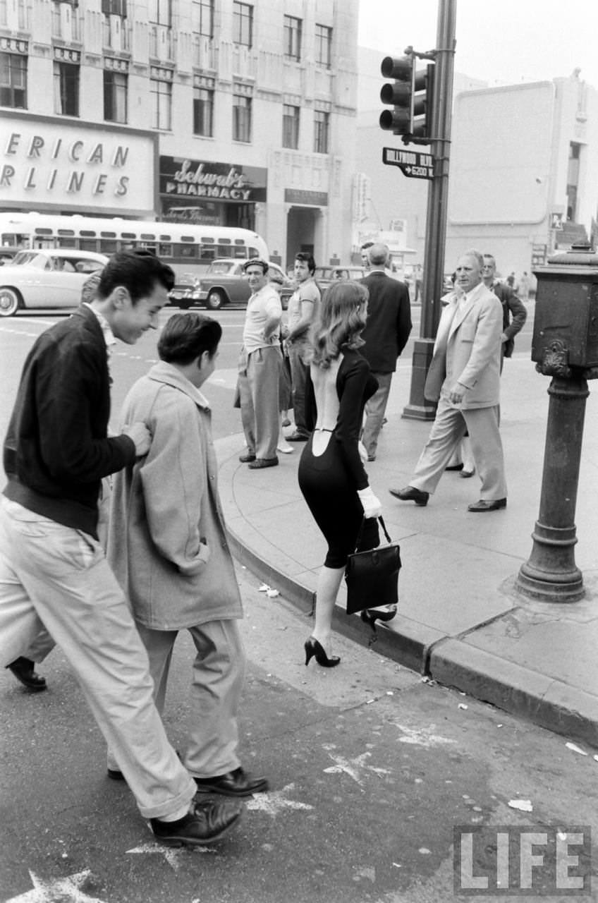 Vikki Dougan In Backless Dress on the Streets of Hollywood, Los Angeles in 1957