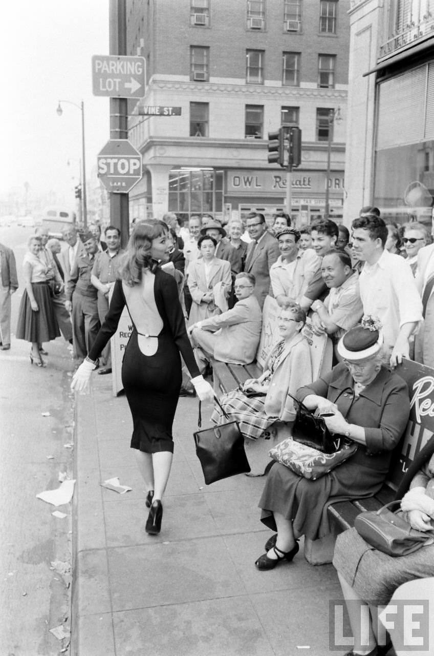 Vikki Dougan In Backless Dress on the Streets of Hollywood, Los Angeles in 1957