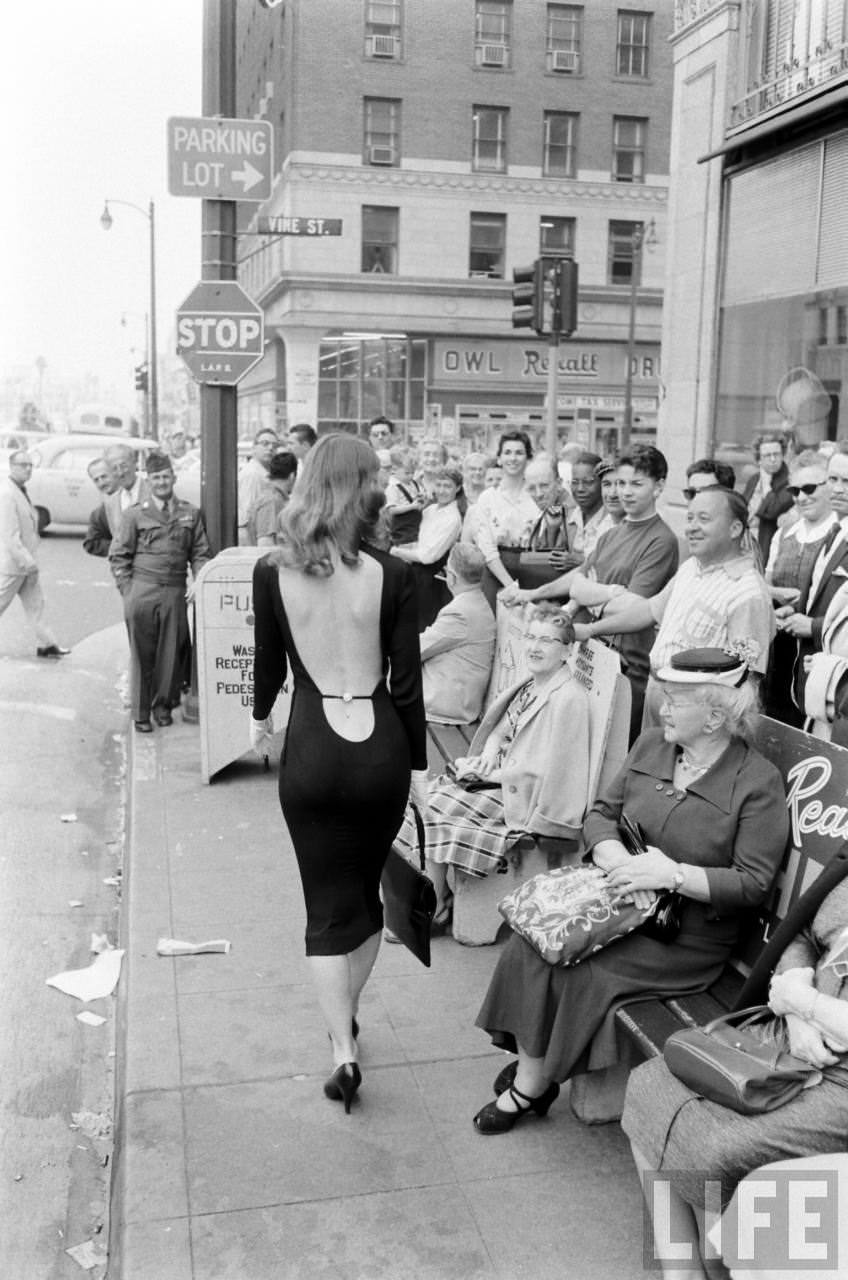 Vikki Dougan In Backless Dress on the Streets of Hollywood, Los Angeles in 1957