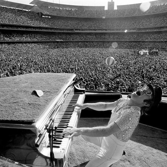 Elton John rocking out at Dodger Stadium Los Angeles, 1975