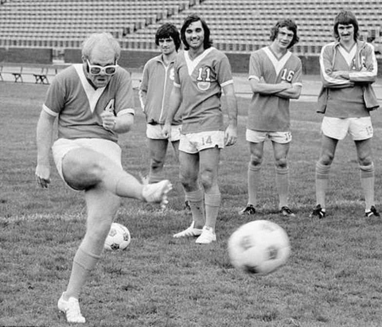Elton John shows his football skills, 1976
