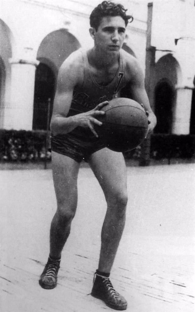 Castro, at 17 years old, plays basketball at Belen Jesuit High School in 1943.