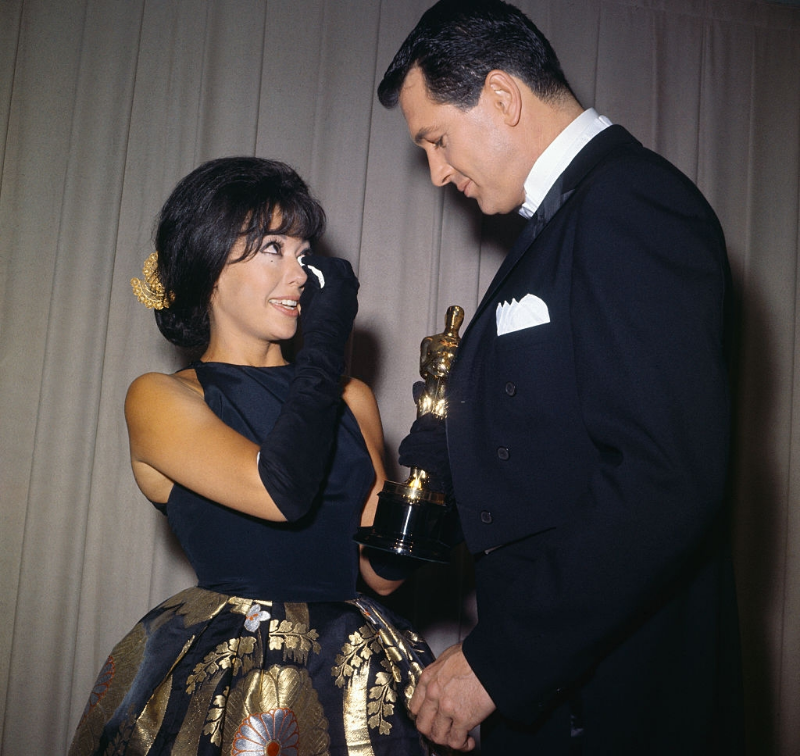 Rita Moreno tearfully accepts her Oscar for Best Supporting Actress at the 34th Academy Awards, April 1962.