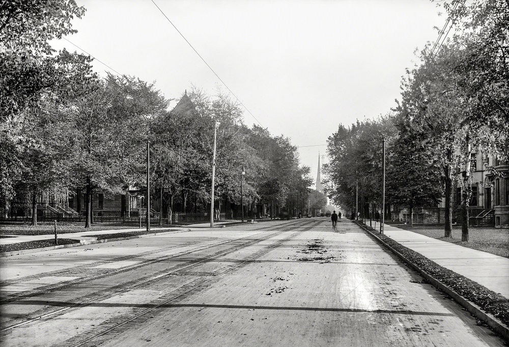 Down Woodward Avenue from Peterboro Street, Detroit, 1900
