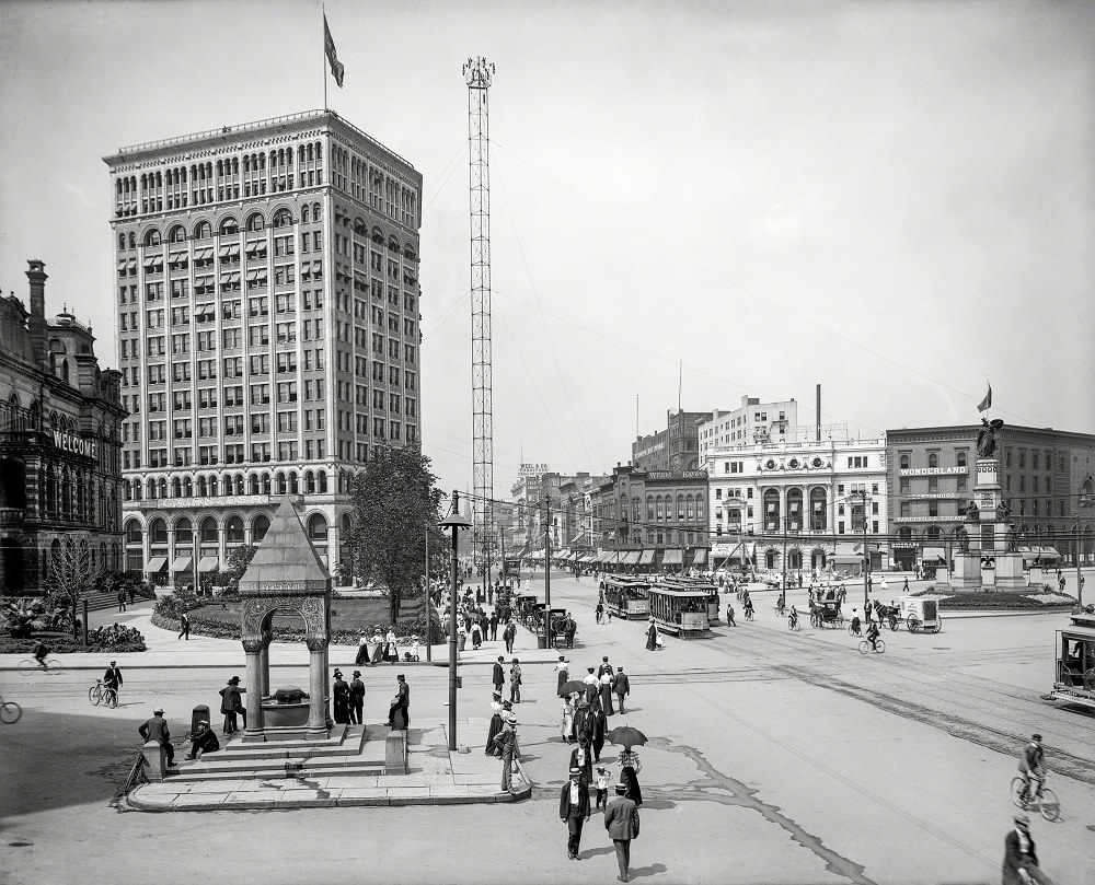 Woodward Avenue at the Campus Martius showing Bagley Fountain, Detroit, 1901