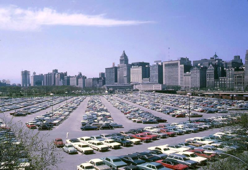 Chicago view of skyline and parking lot, 1967