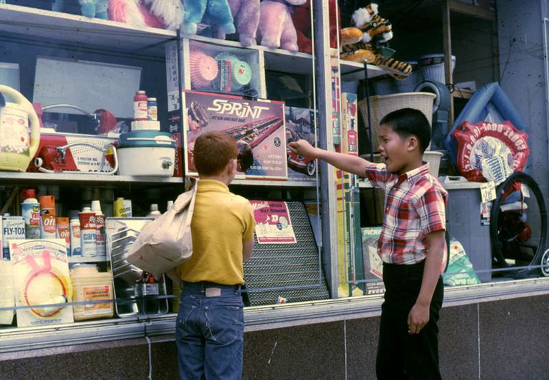 Children looking at toy store,Chicago, 1967