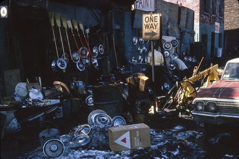 Hubcaps for sale on Maxwell Street, 1967