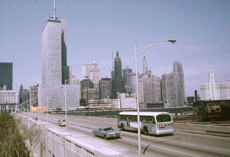 Mark IV bus driving over bridge Chicago, 1967