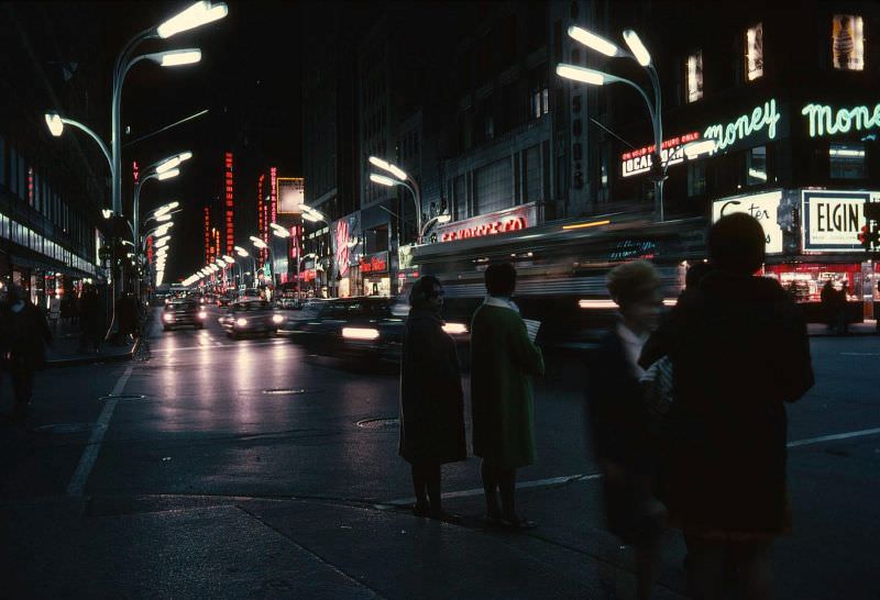 Shops on State Street at night, 1967