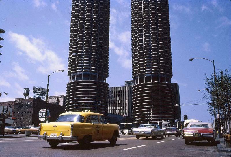 Yellow cab and Marina Towers, Chicago, 1967