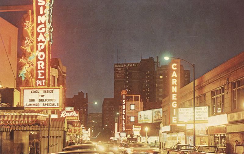 Rush Street at night, Chicago, 1964