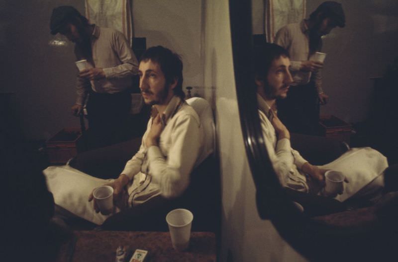 Pete Townshend sitting backstage, circa 1970