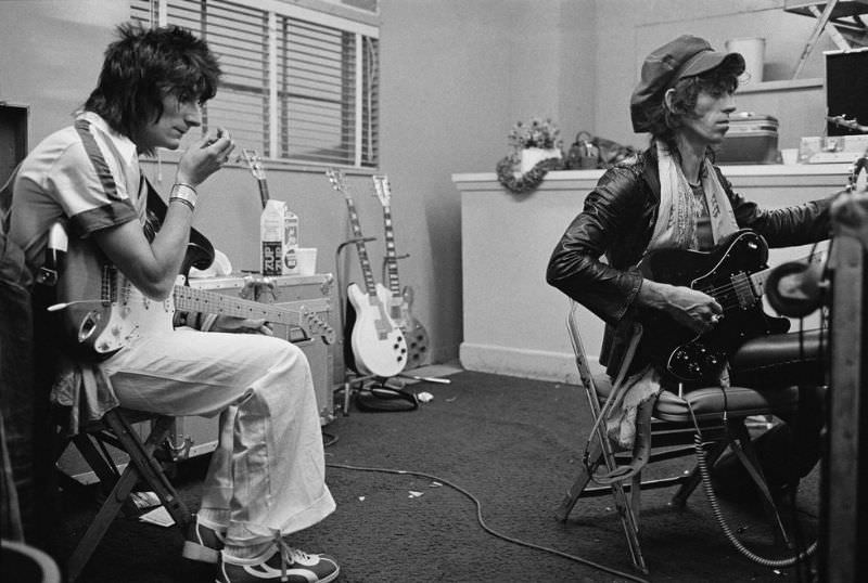 Ron Wood and Keith Richards backstage during the group's 1975 Tour of the Americas