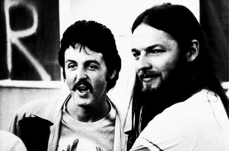 Paul McCartney with David Gilmour of Pink Floyd backstage at Knebworth Music Festival, 1976
