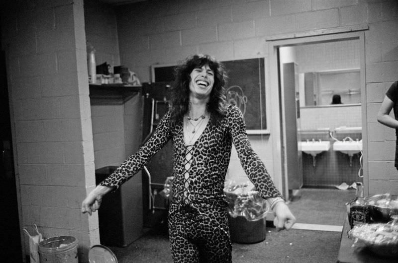 Steven Tyler slips into a skintight cheetah print suit before a concert at Madison Square Garden in 1976